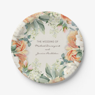 Elegante Pfirsich-Creme-Blumen-Eukalyptus-Hochzeit Pappteller
