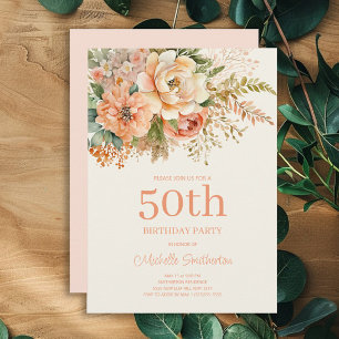 Elegante Pfirsich-Creme-Blumen zum 50. Geburtstag Einladung