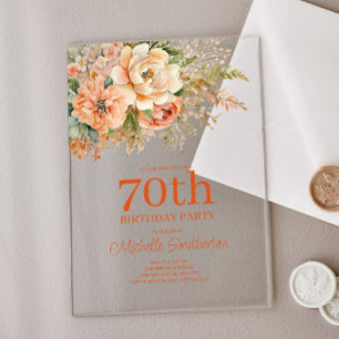 Elegante Pfirsich-Creme-Blumen zum 70. Geburtstag Acryleinladungen