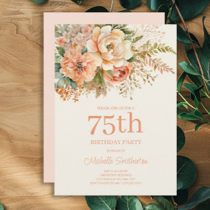 Elegante Pfirsich-Creme-Blumen zum 75. Geburtstag Einladung
