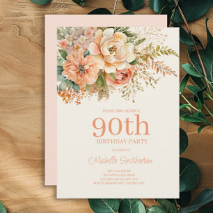 Elegante Pfirsich-Creme-Blumen zum 90. Geburtstag Einladung