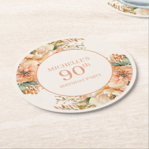 Elegante Pfirsich-Creme-Blumen zum 90. Geburtstag Runder Pappuntersetzer