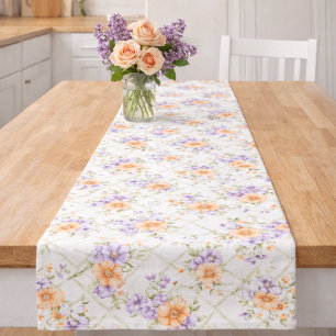 Elegante Pfirsich-Lavendel-Frühlingsfloristik im L Kurzer Tischläufer