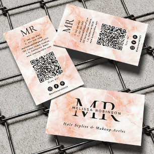 Elegante Pfirsich-Marmor-Textur-Monogramm und QR-C Visitenkarte