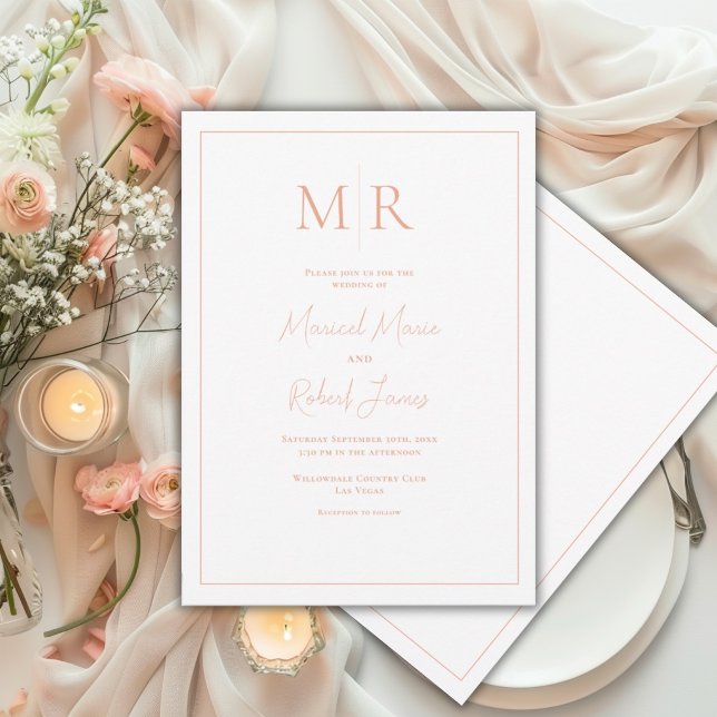 Elegante Pfirsich-Monogramm-Moderne Hochzeit Einladung (Von Creator hochgeladen)