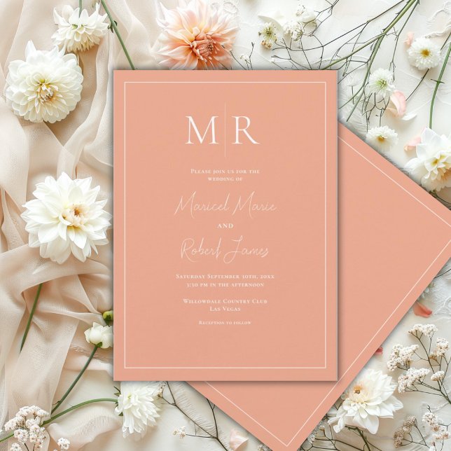 Elegante Pfirsich-Monogramm-Moderne Hochzeit Einladung (Von Creator hochgeladen)