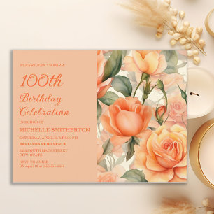 Elegante Pfirsich-Orangen-Blumenrosen 100. Geburts Einladungspostkarte