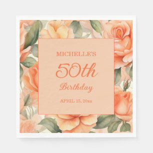Elegante Pfirsich-Orangen-Blumenrosen 50. Geburtst Serviette