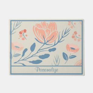 Elegante Pfirsich-Rosa-Rose Blaue Stamm-Blume Fußmatte