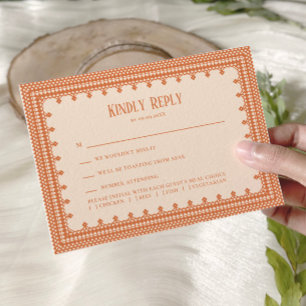Elegante Pfirsich-Spitzen-Hochzeitseinladung, RSVP Karte