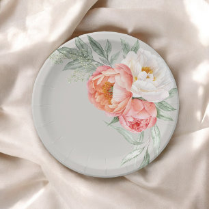 Elegante Pfirsich- und Elfenbein-Aquarell-Blumen  Pappteller