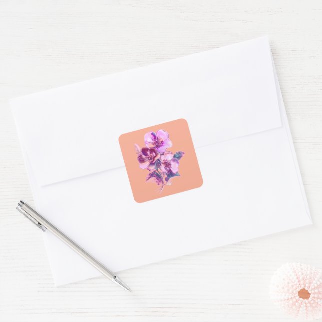 Elegante Pfirsichblüte Quadratischer Aufkleber (Umschlag)
