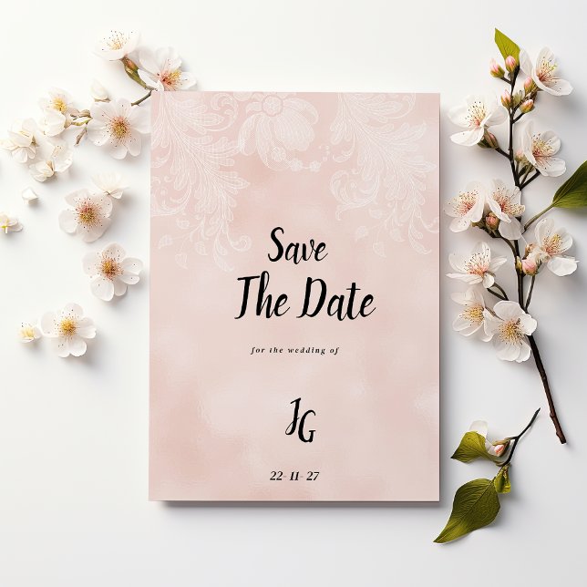 Elegante pfirsichweiße Blume Save the Date Einladung (Elegant peach white flower lace Save The Date)