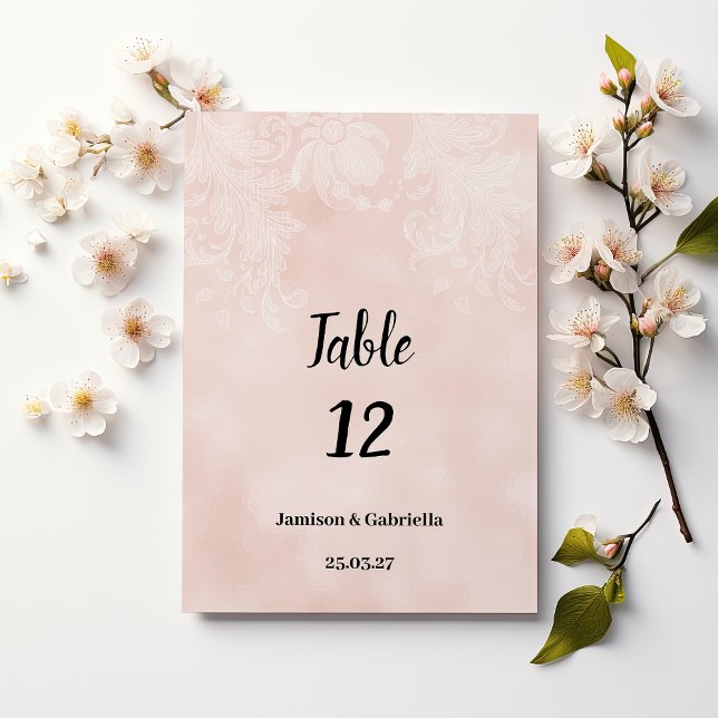 Elegante pfirsichweiße Blume Spitzen-Tischnummern Einladung (Elegant peach white flower lace Table Numbers)
