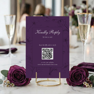 Elegante Pflaume Lila Blumen Linienkunst QR-Code H RSVP Karte