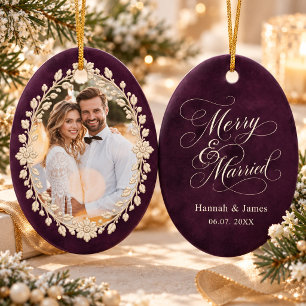 Elegante Pflaume Lila Frohe & Verheiratete Hochzei Keramik Ornament