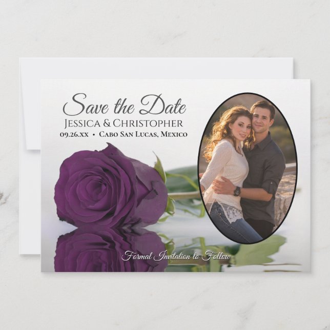 Elegante Pflaume Lila Rose mit Oval Foto Hochzeit Save The Date (Vorderseite)