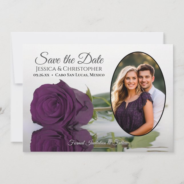 Elegante Pflaume Lila Rose mit Oval Foto Hochzeit Save The Date (Vorderseite)
