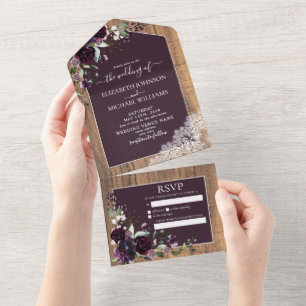 Elegante Pflaume Lila Rustikale Spitze Hochzeit All In One Einladung
