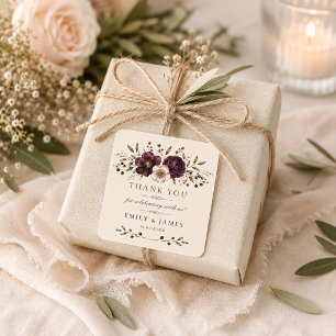 Elegante Pflaume Olive Botanische Hochzeitsgunst Quadratischer Aufkleber