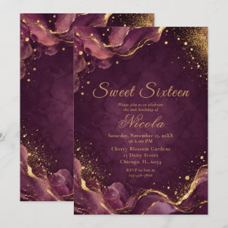 Elegante Pflaume- und Gold-Alkohol-Tinte Sweet Six Einladung