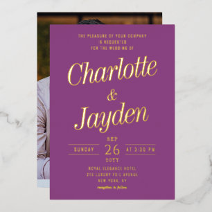Elegante Pflaumenfolie Schriftzug Foto-Hochzeit Folieneinladung