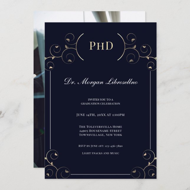 Elegante PhD Foto Gold Blue Graduation Party Einladung (Vorne/Hinten)