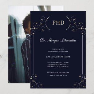 Elegante PhD Foto Gold Blue Graduation Party Einladung