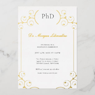 Elegante PhD Gold Grau Weiße Abschlussfeier Folie Folieneinladung