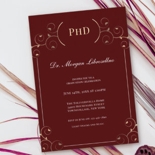 Elegante PhD Grad Gold Burgundy Graduation Party Einladung