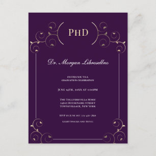 Elegante PhD Grad Gold Lila Graduation Party Einladungspostkarte