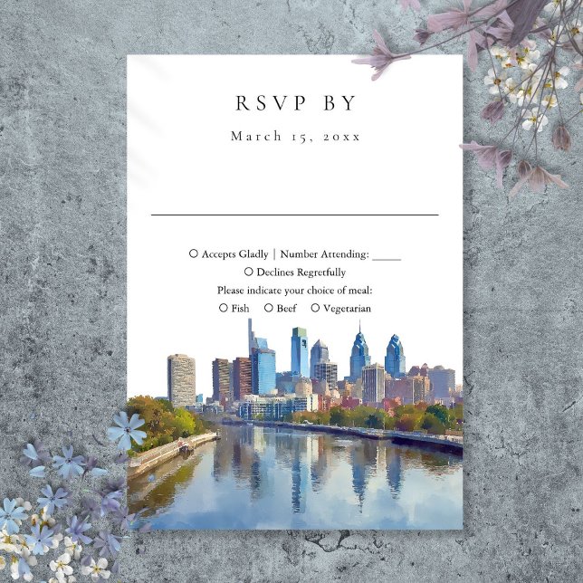 Elegante Philadelphia Skyline-Aquarell-Hochzeit RSVP Karte (Elegant Philadelphia Skyline Watercolor Wedding RSVP Card)
