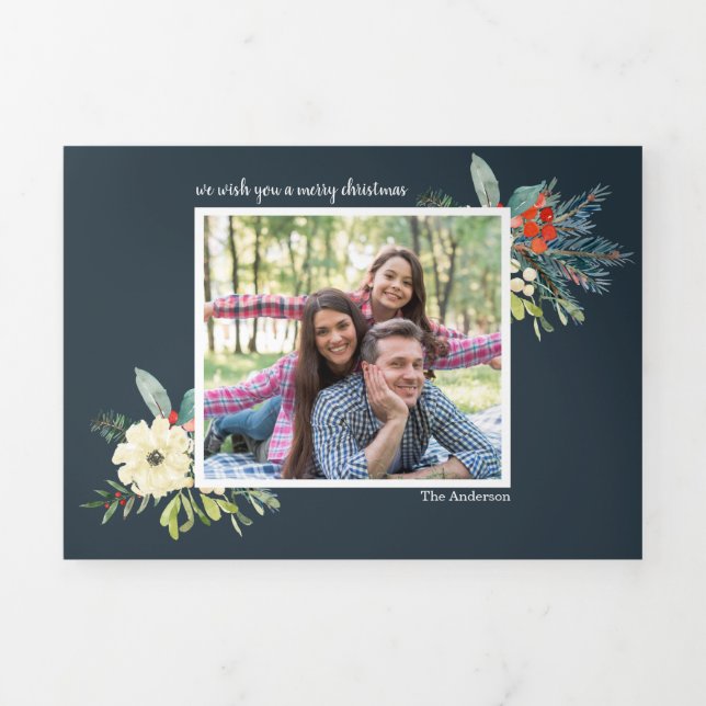 Elegante Pine Äste elegante 3 Fotos Weihnachten Dreifach Gefaltete Urlaubskarte (Cover)