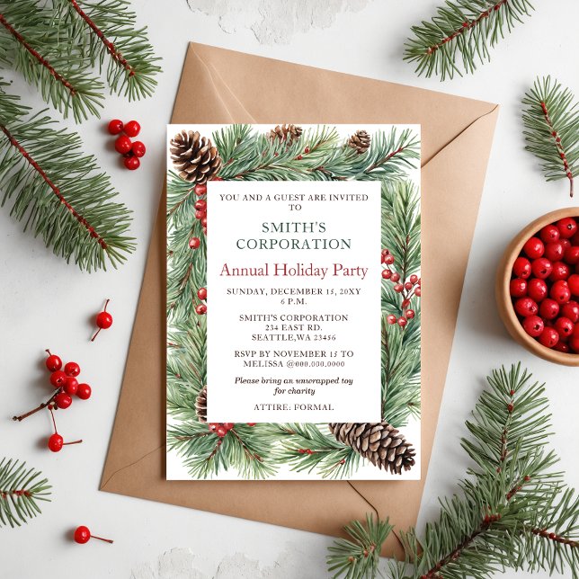 Elegante Pine Berries Corporate Holiday Party Einladung (Elegant Pine Berries Corporate Holiday Party Invitation)