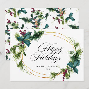 Elegante Pine Fir Holly Berry Weihnachtsgrüße Feiertagskarte