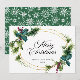 Elegante Pine Fir Holly Berry Weihnachtsgrüße Feiertagskarte
