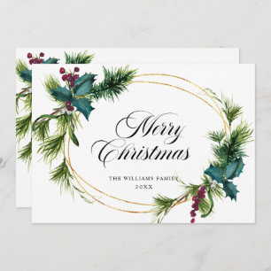 Elegante Pine Fir Holly Berry Weihnachtsgrüße Feiertagskarte