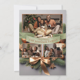 Elegante Pine Gold Ribbon Familie Weihnachtskarte Feiertagskarte