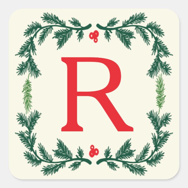 Elegante Pine Holiday Monogram Stickers (Vorderseite)