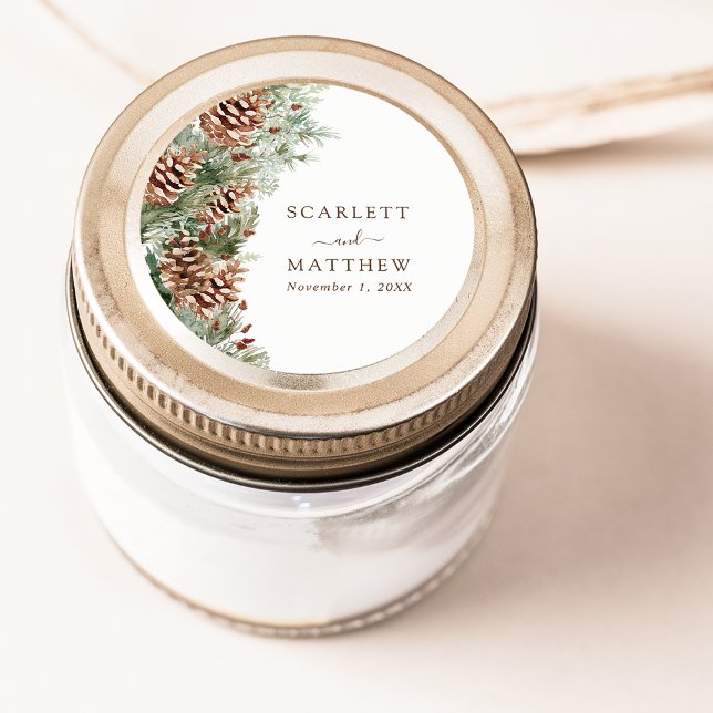 Elegante Pine Runder Aufkleber (Elegant White Pinecone Greenery Classic Round Sticker by Painted Paperie
)