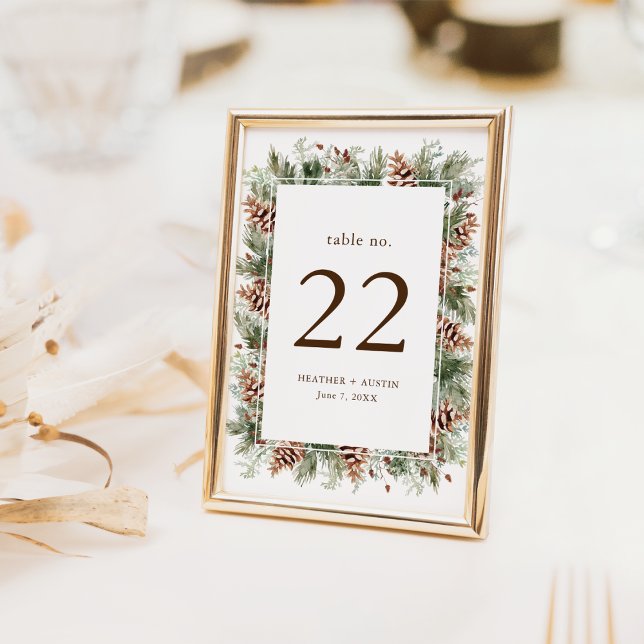 Elegante Pine Tischnummer (Elegant White Watercolor Evergreen Pinecone Table Number by Painted Paperie
)