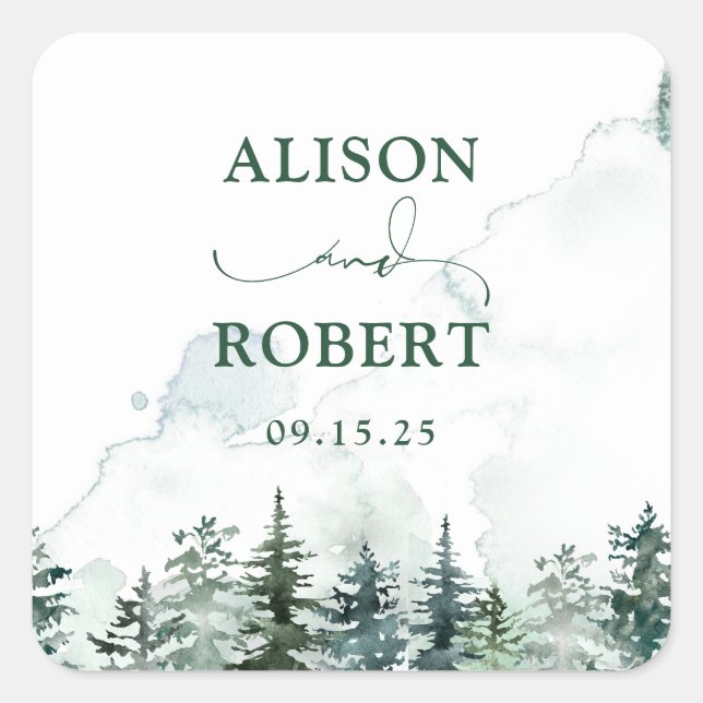 Elegante Pine Trees Forest Calligraphy Wedding Quadratischer Aufkleber (Vorderseite)