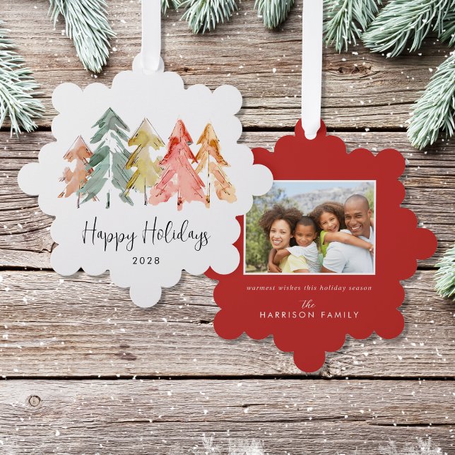 Elegante Pine Trees Watercolor Foto Weihnachten Ornament Karte (Share the love and warmth of the holiday season with a photo paper ornament card)