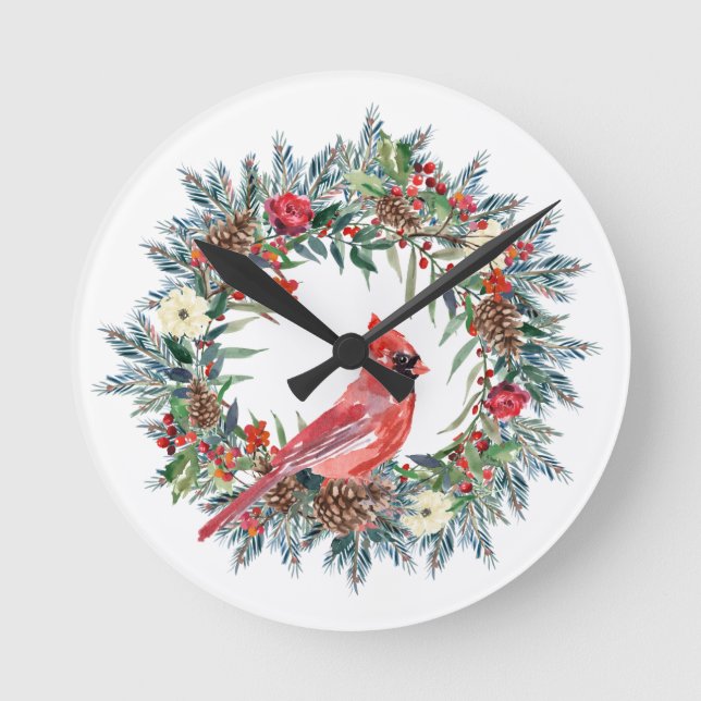 Elegante Pine Wreath Roter Kardinal Weihnachten  Runde Wanduhr (Vorderseite)