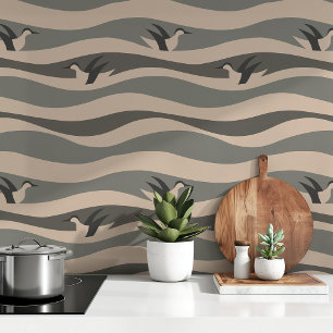 Elegante Pinguine in monochromatischen Wellen Grau Tapete