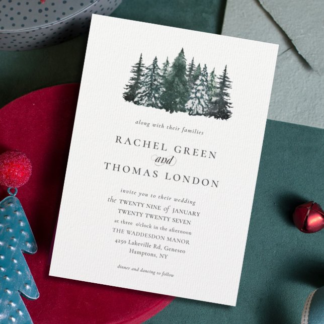 Elegante Pinienbäume Winterhochzeit Einladung (Elegant Watercolor Pine trees Winter Wedding Invitation)
