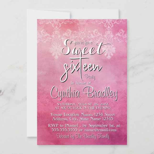 Elegante Pink 16 . Geburtstag Geburtstagsparty Einladung (Vorderseite)