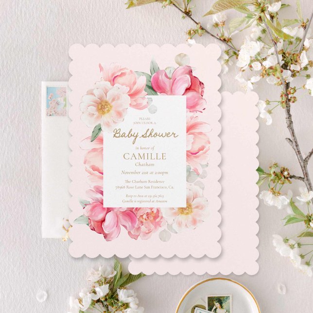 Elegante Pink Baby Dusche Einladung (Elegant Watercolor Pink floral Baby Shower Invitation)