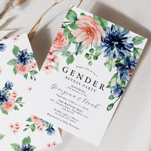 Elegante Pink & Blaue Florale Baby-Geschlechtsenth Einladung