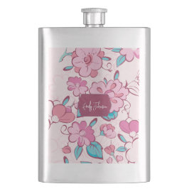 Elegante Pink Bloom Custom Name Floral Design Flachmann